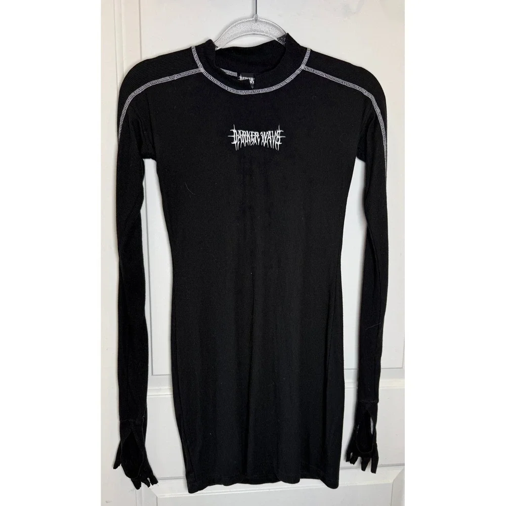Darker Wavs Black Ribbed Logo Long Sleeve Top Grunge Gothic Y2K